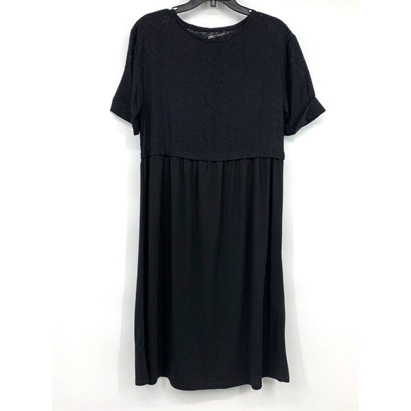 Zara Dress Black Short Sleeve Patterned Midi Flowy - Picture 1 of 13